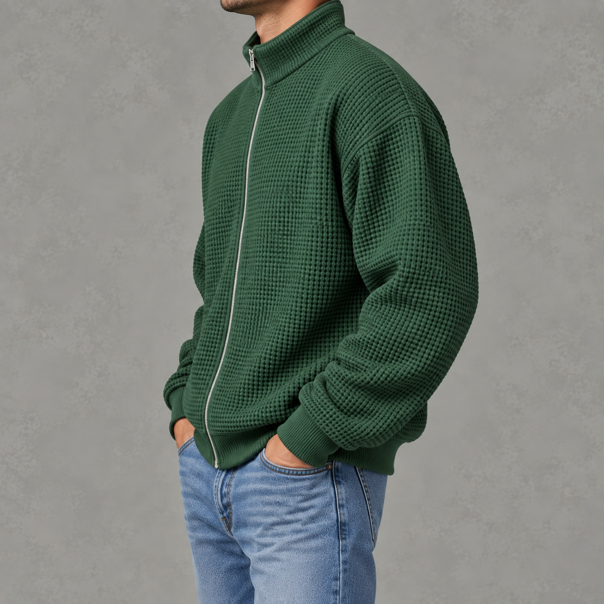 Men’s Waffle Knit Jacket – Stand Collar Full Zip Textured Casual Jacket