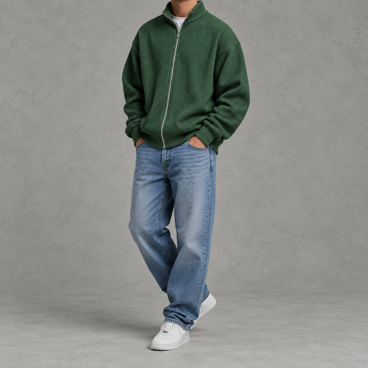 Men’s Waffle Knit Jacket – Stand Collar Full Zip Textured Casual Jacket