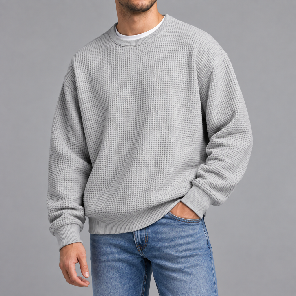 Men’s Waffle Knit Jumper – Relaxed Fit Textured Long Sleeve Pullover