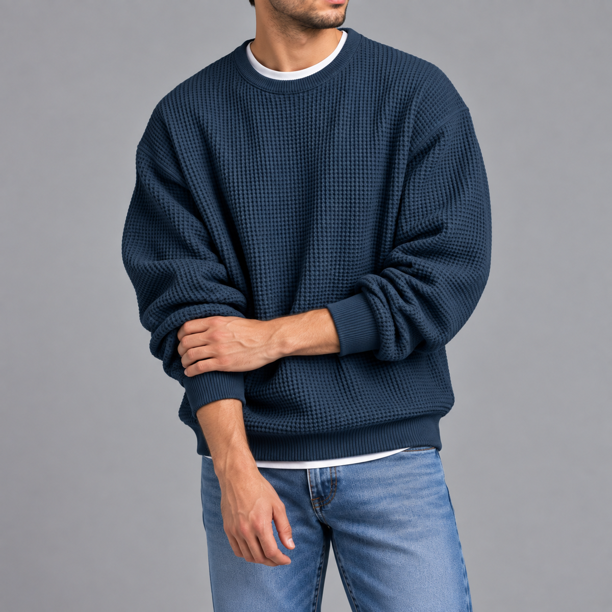 Men’s Waffle Knit Jumper – Relaxed Fit Textured Long Sleeve Pullover