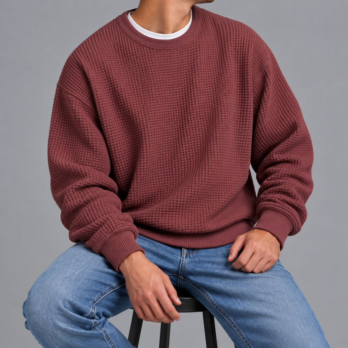 Men’s Waffle Knit Jumper – Relaxed Fit Textured Long Sleeve Pullover