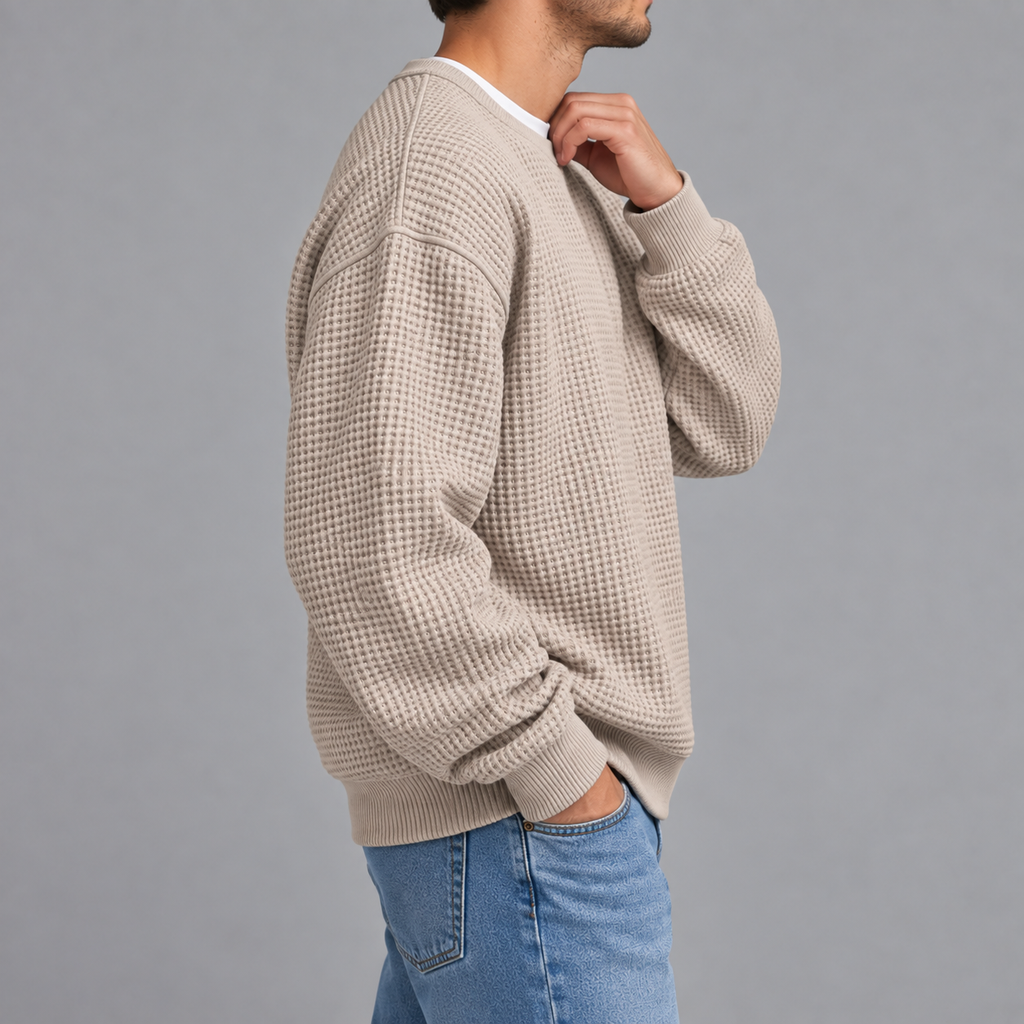 Men’s Waffle Knit Jumper – Relaxed Fit Textured Long Sleeve Pullover