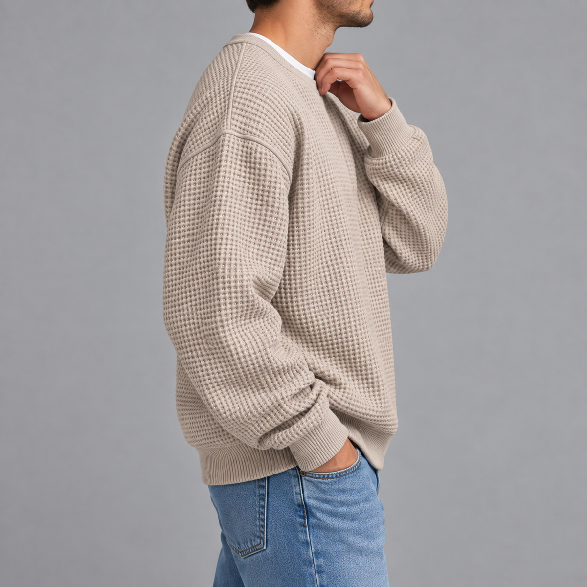Men’s Waffle Knit Jumper – Relaxed Fit Textured Long Sleeve Pullover