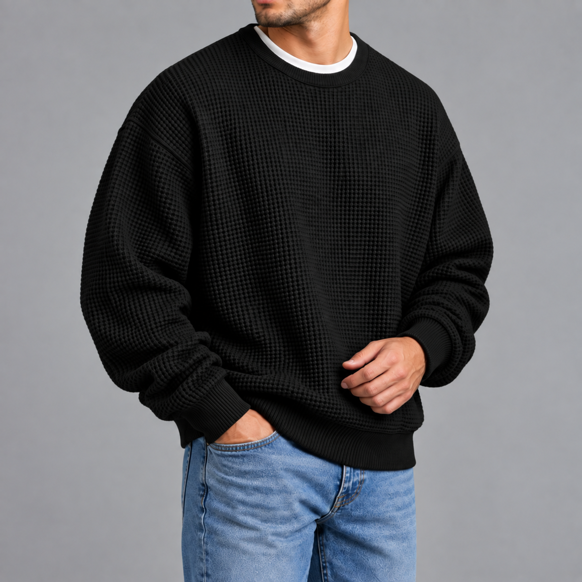 Men’s Waffle Knit Jumper – Relaxed Fit Textured Long Sleeve Pullover