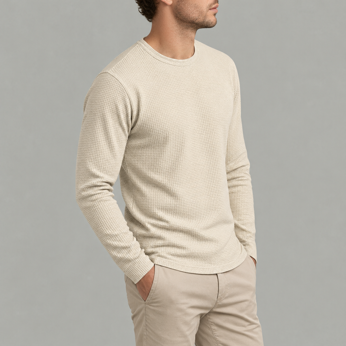 Men’s Waffle Knit Jumper – Round Neck Textured Long Sleeve Pullover