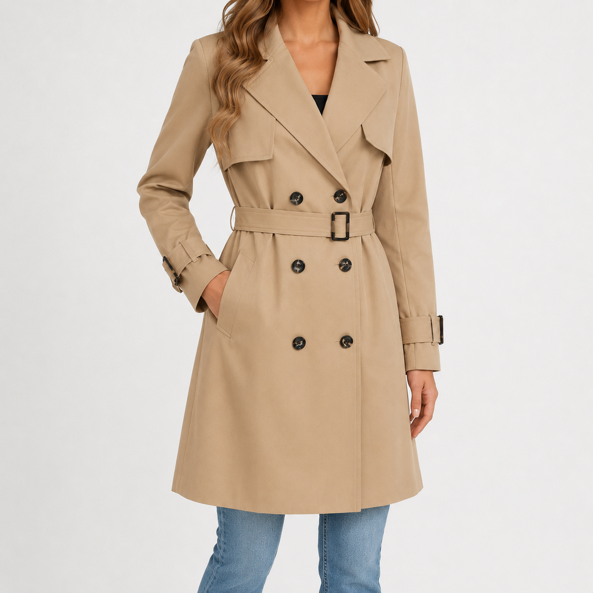 Women’s Trench Coat – Tailored Belted Waist Fitted Long Sleeve Jacket
