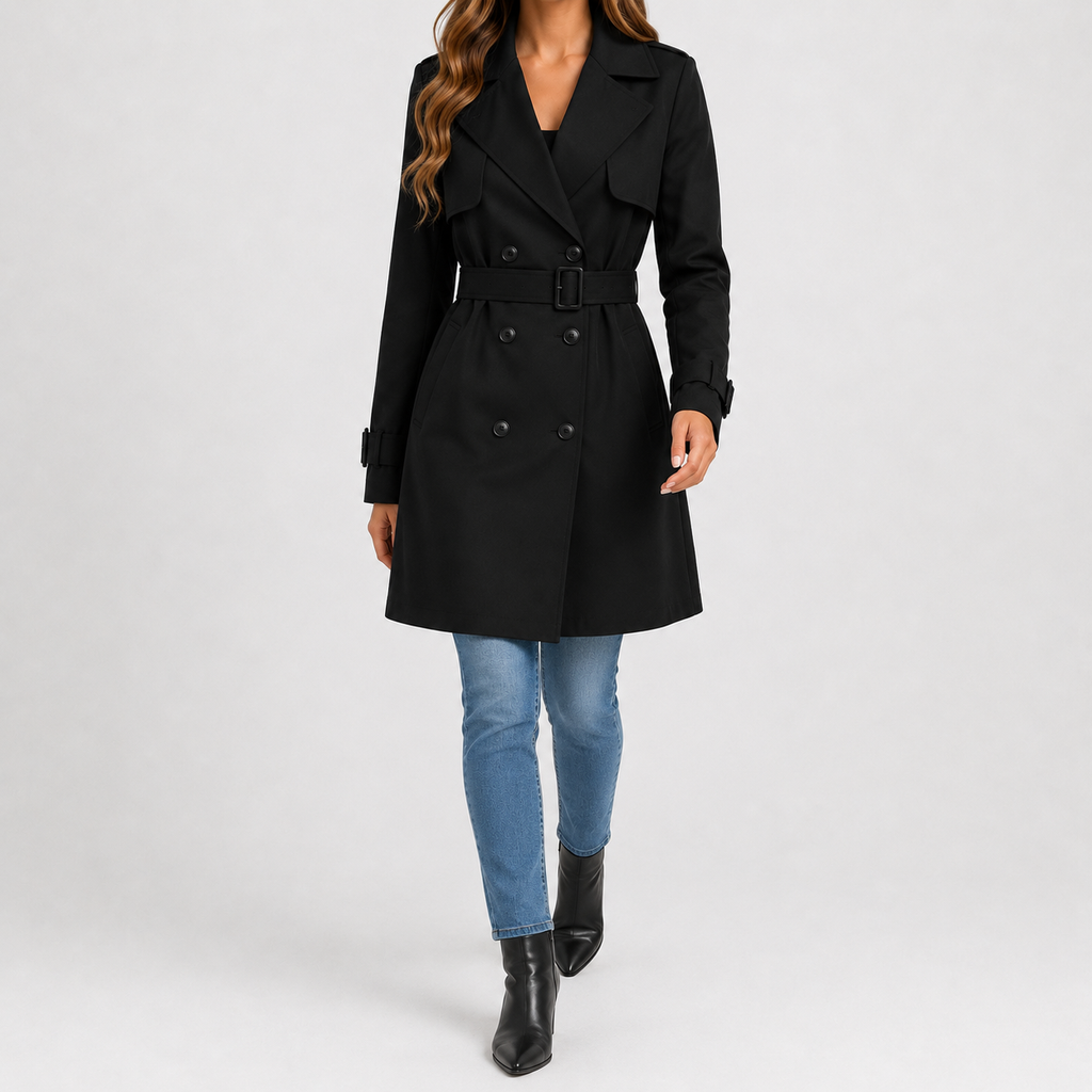 Women’s Trench Coat – Tailored Belted Waist Fitted Long Sleeve Jacket
