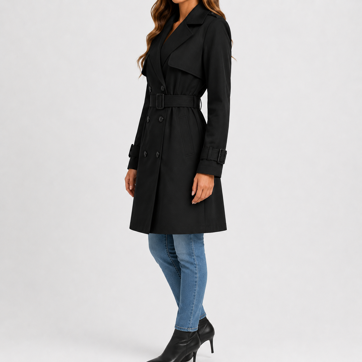 Women’s Trench Coat – Tailored Belted Waist Fitted Long Sleeve Jacket