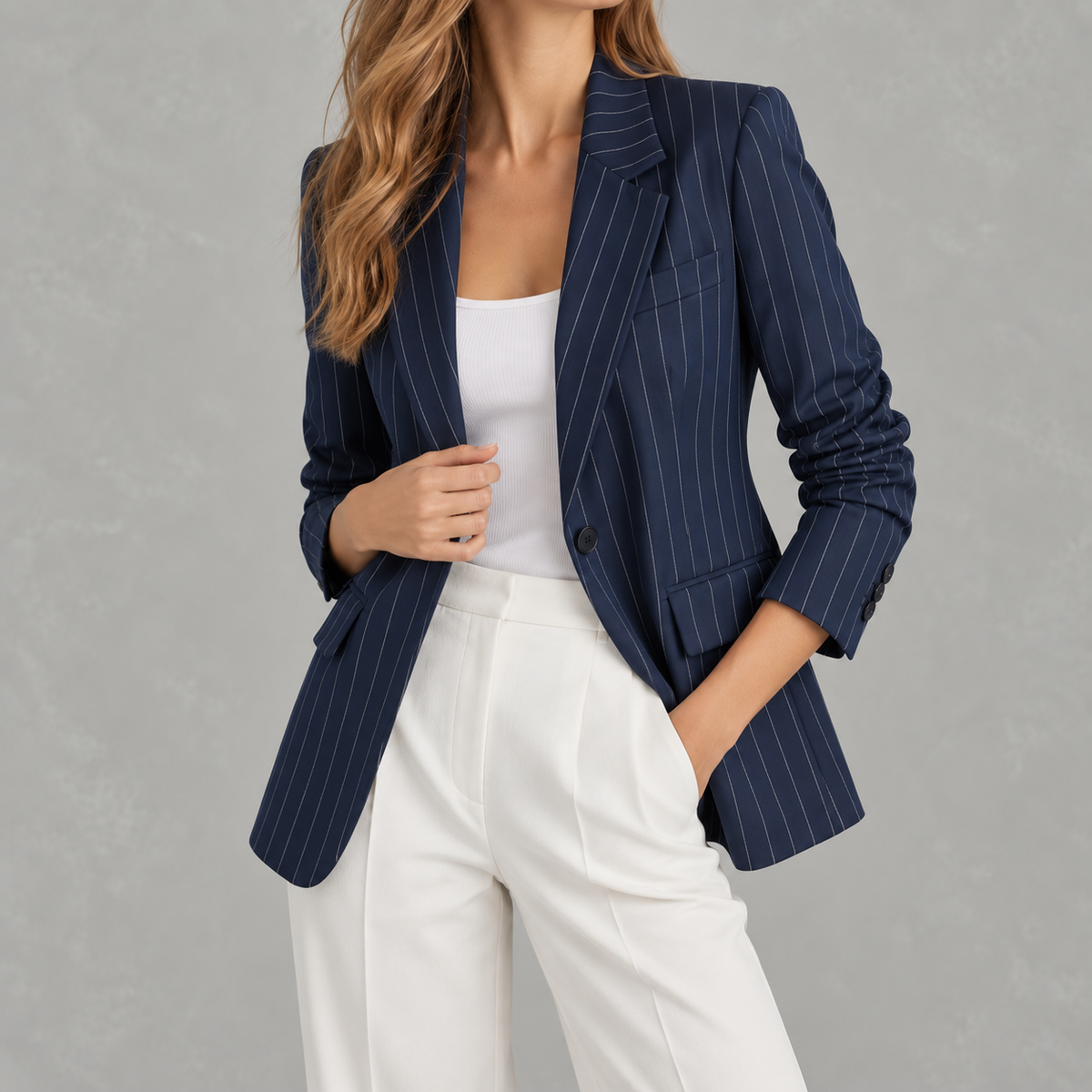 Women’s Blazer – Striped Waist-Cinching Petite Tailored Jacket