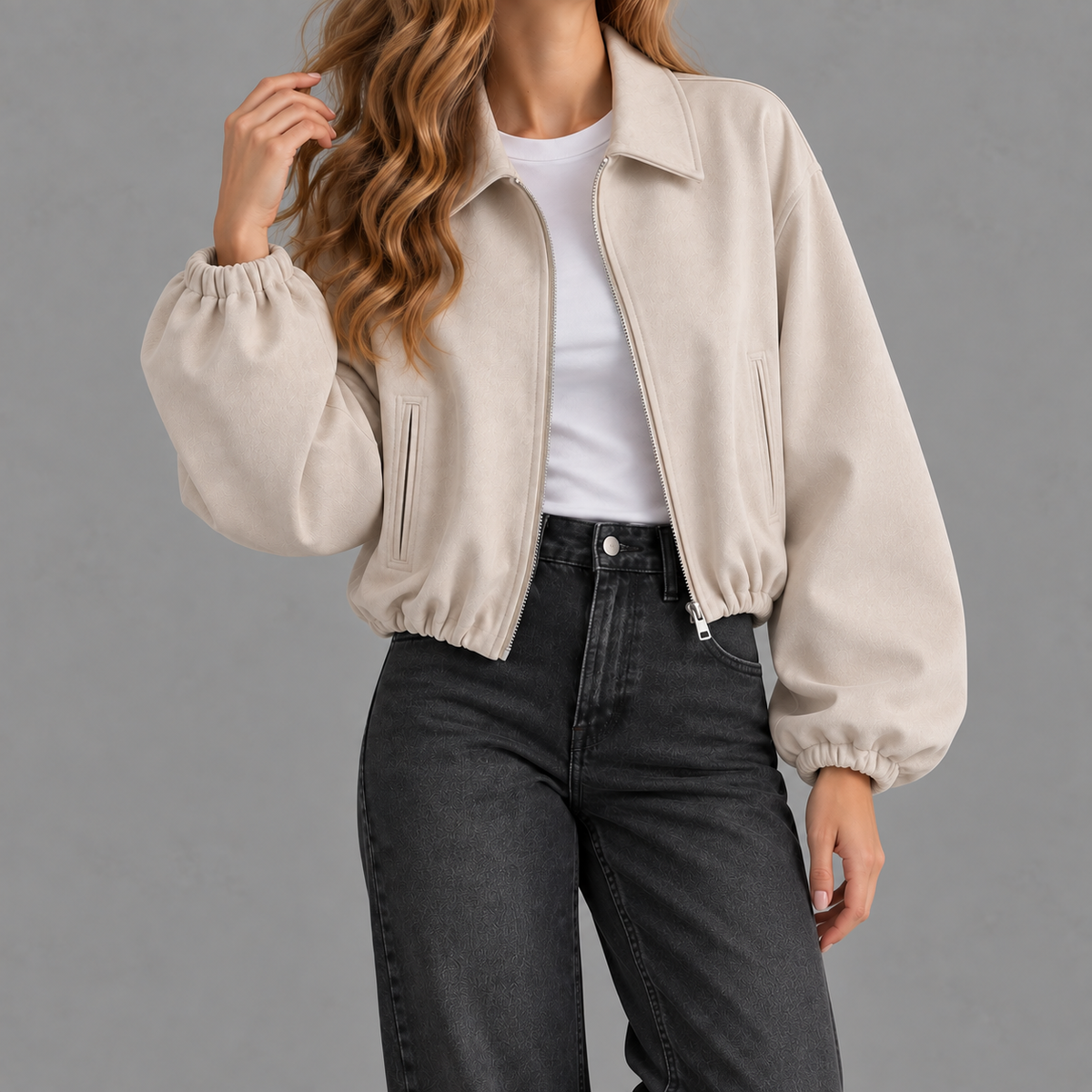 Women’s Bomber Jacket – Baseball Collar Zip Up Jacket with Ribbed Hem