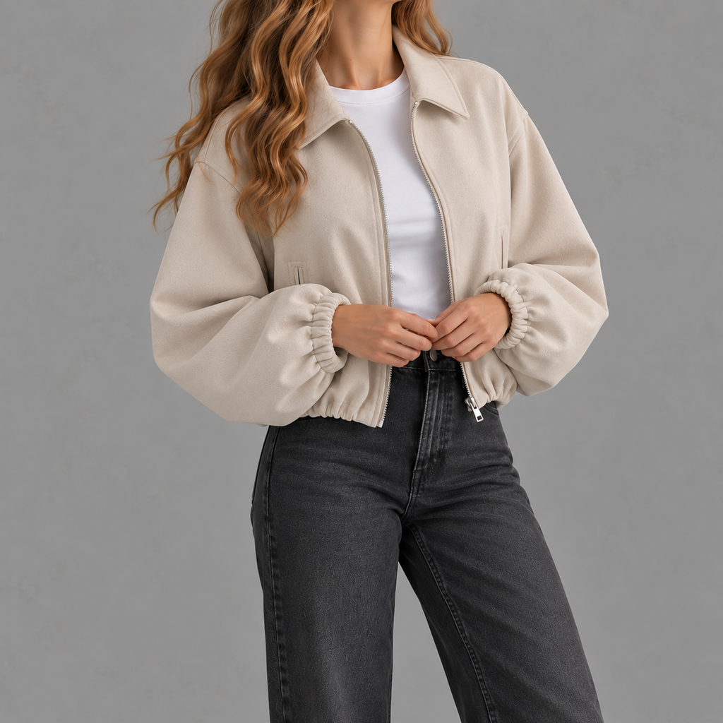Women’s Bomber Jacket – Baseball Collar Zip Up Jacket with Ribbed Hem