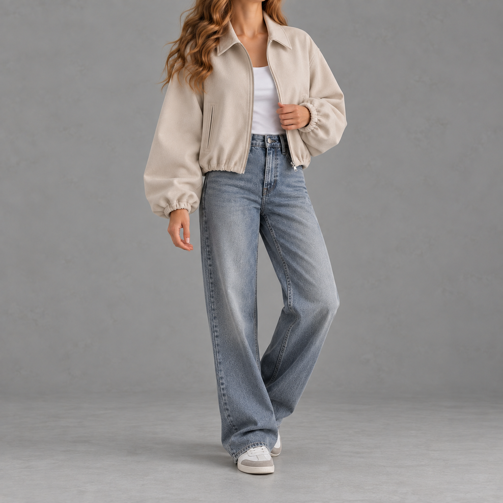 Women’s Bomber Jacket – Baseball Collar Zip Up Jacket with Ribbed Hem