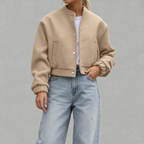 Women’s Bomber Jacket – Cropped Woollen-Style Flight Jacket with Stand Collar