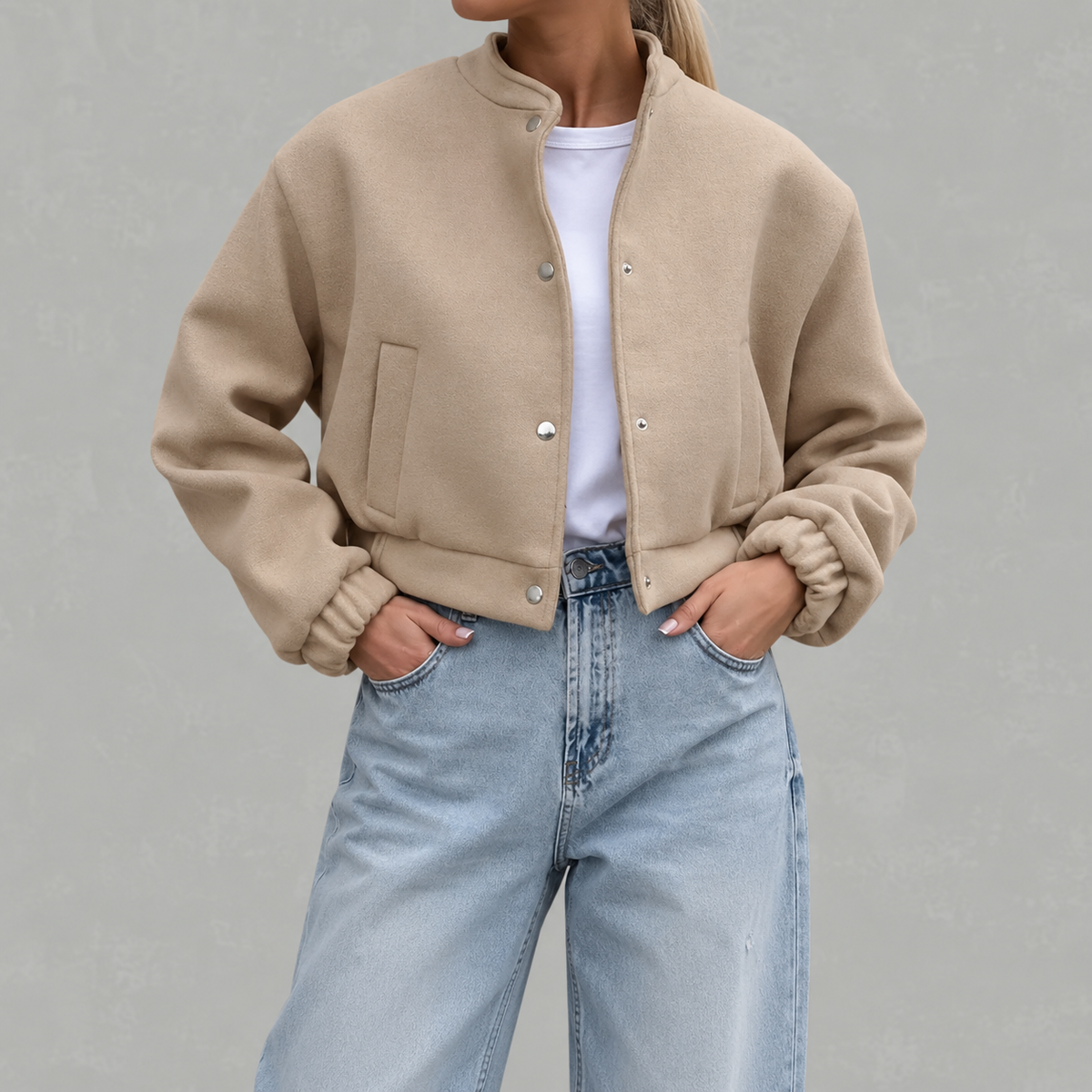 Women’s Bomber Jacket – Cropped Woollen-Style Flight Jacket with Stand Collar