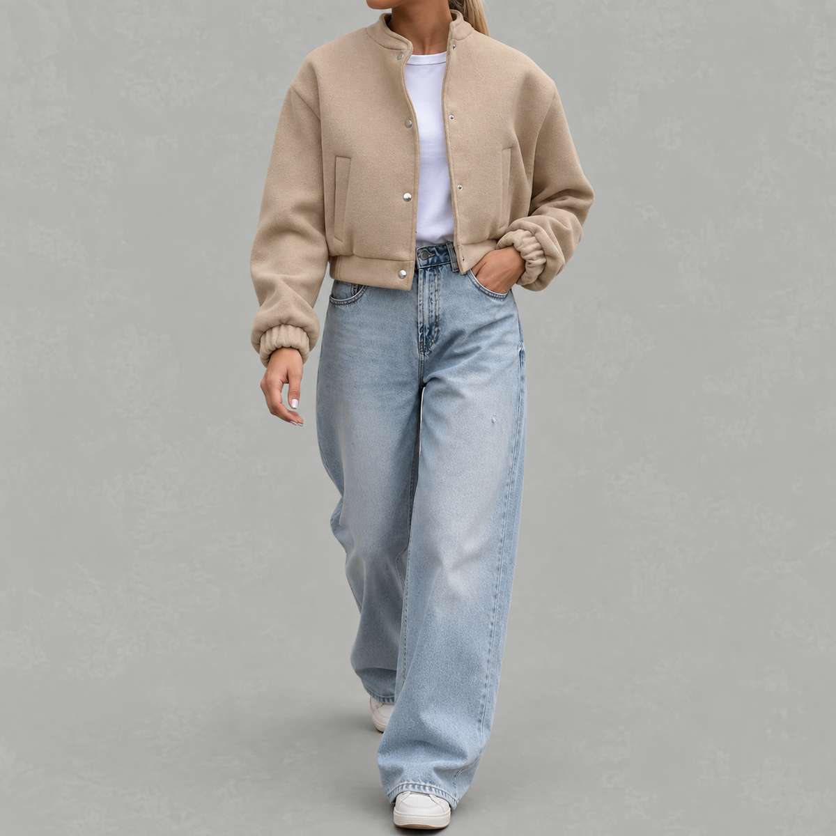 Women’s Bomber Jacket – Cropped Woollen-Style Flight Jacket with Stand Collar