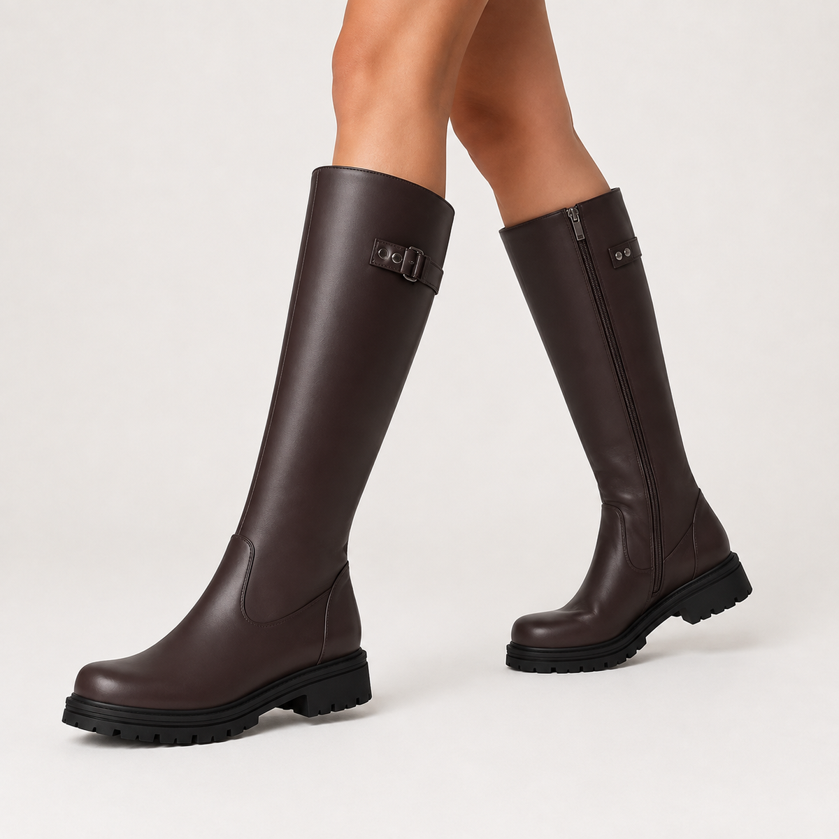 Women’s Wellington Boots – Retro British Leather-Style Riding Boots with Buckle