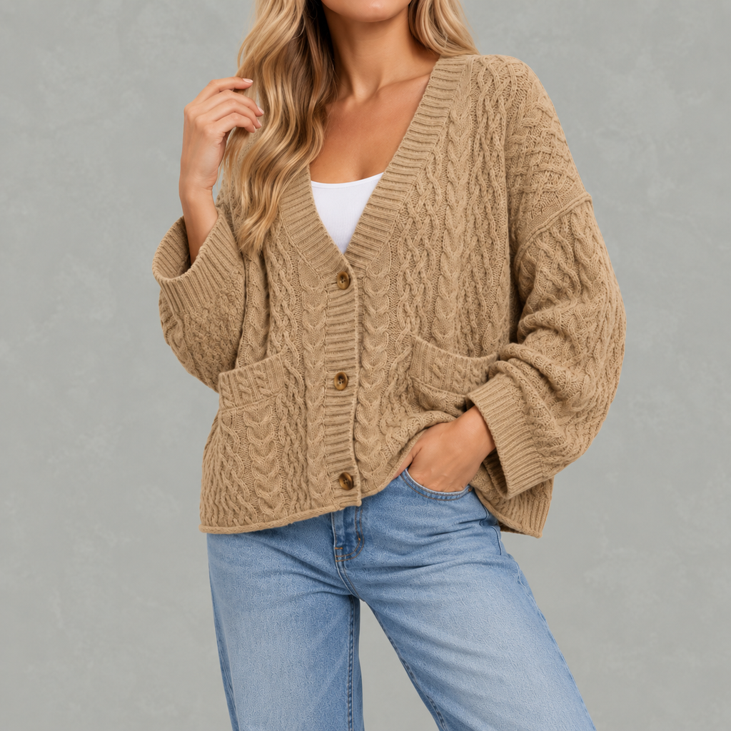 Women’s Cable Knit Cardigan – Loose Fit Chunky Button Front Jumper