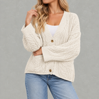 Women’s Cable Knit Cardigan – Loose Fit Chunky Button Front Jumper