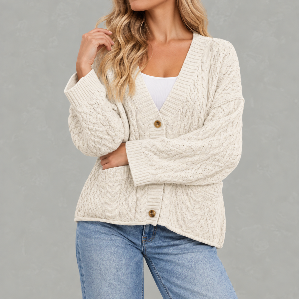 Women’s Cable Knit Cardigan – Loose Fit Chunky Button Front Jumper