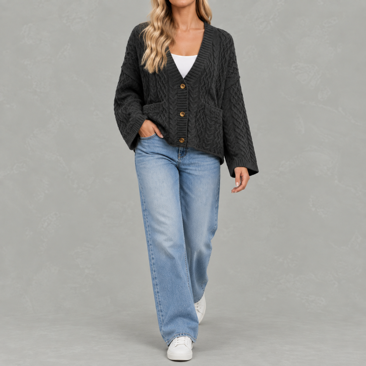 Women’s Cable Knit Cardigan – Loose Fit Chunky Button Front Jumper