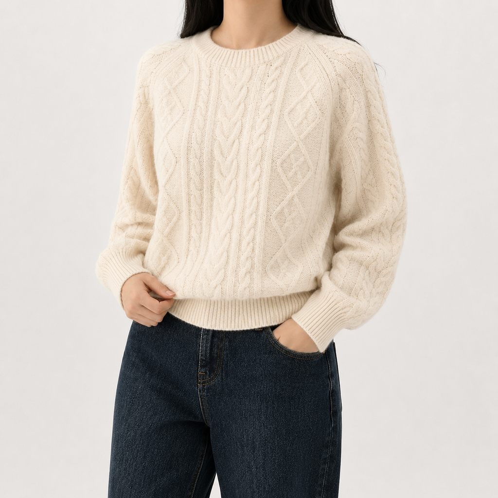 Women’s Cable Knit Jumper – French-Inspired Twist Knit Crew Neck Pullover
