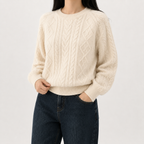 Women’s Cable Knit Jumper – French-Inspired Twist Knit Crew Neck Pullover