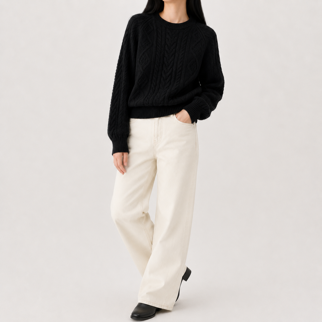 Women’s Cable Knit Jumper – French-Inspired Twist Knit Crew Neck Pullover