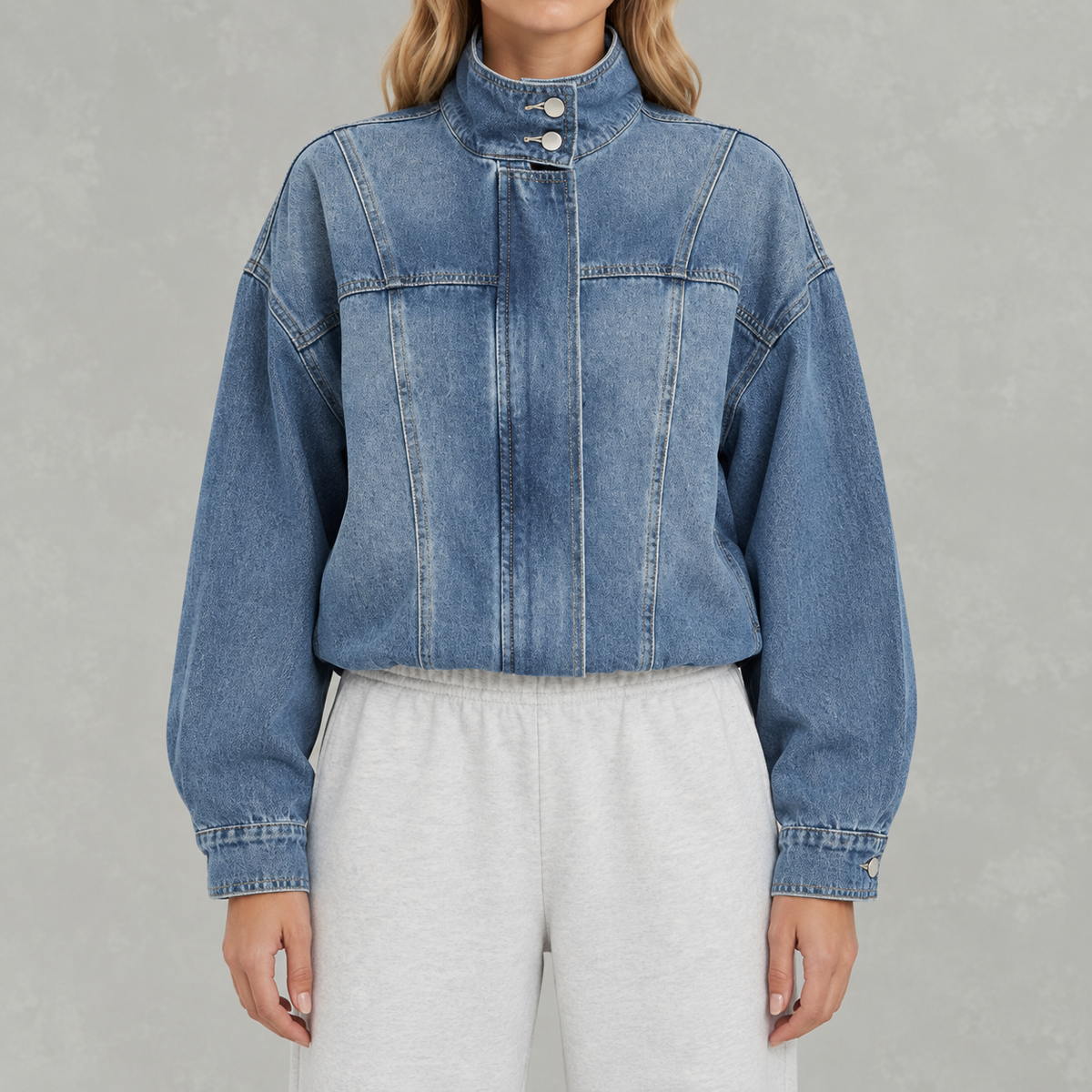 Women’s Denim Jacket – Loose Fit Washed Denim Stand Collar Jacket