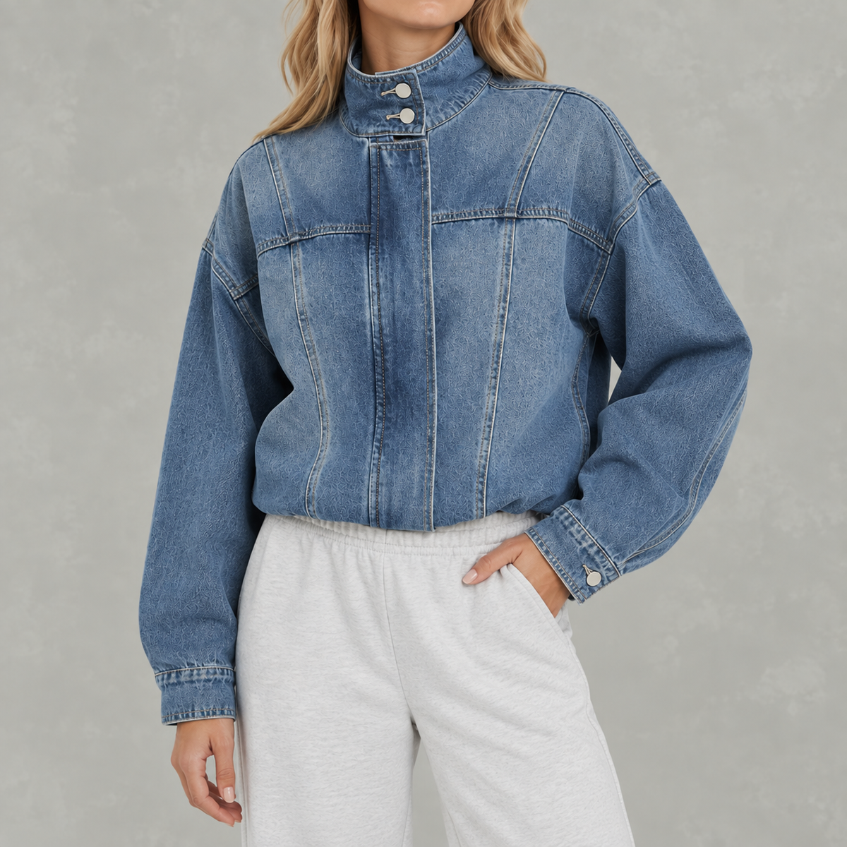 Women’s Denim Jacket – Loose Fit Washed Denim Stand Collar Jacket