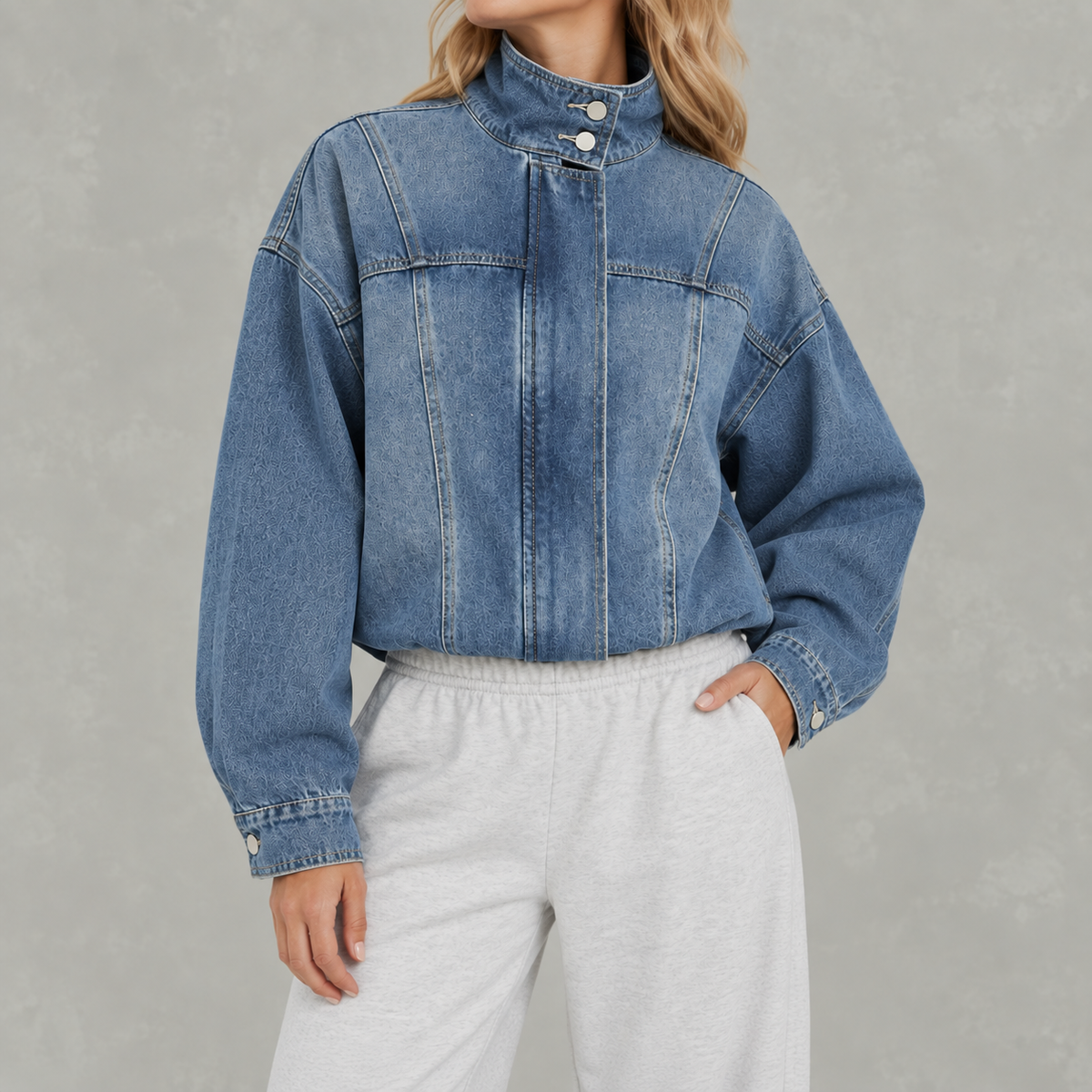 Women’s Denim Jacket – Loose Fit Washed Denim Stand Collar Jacket