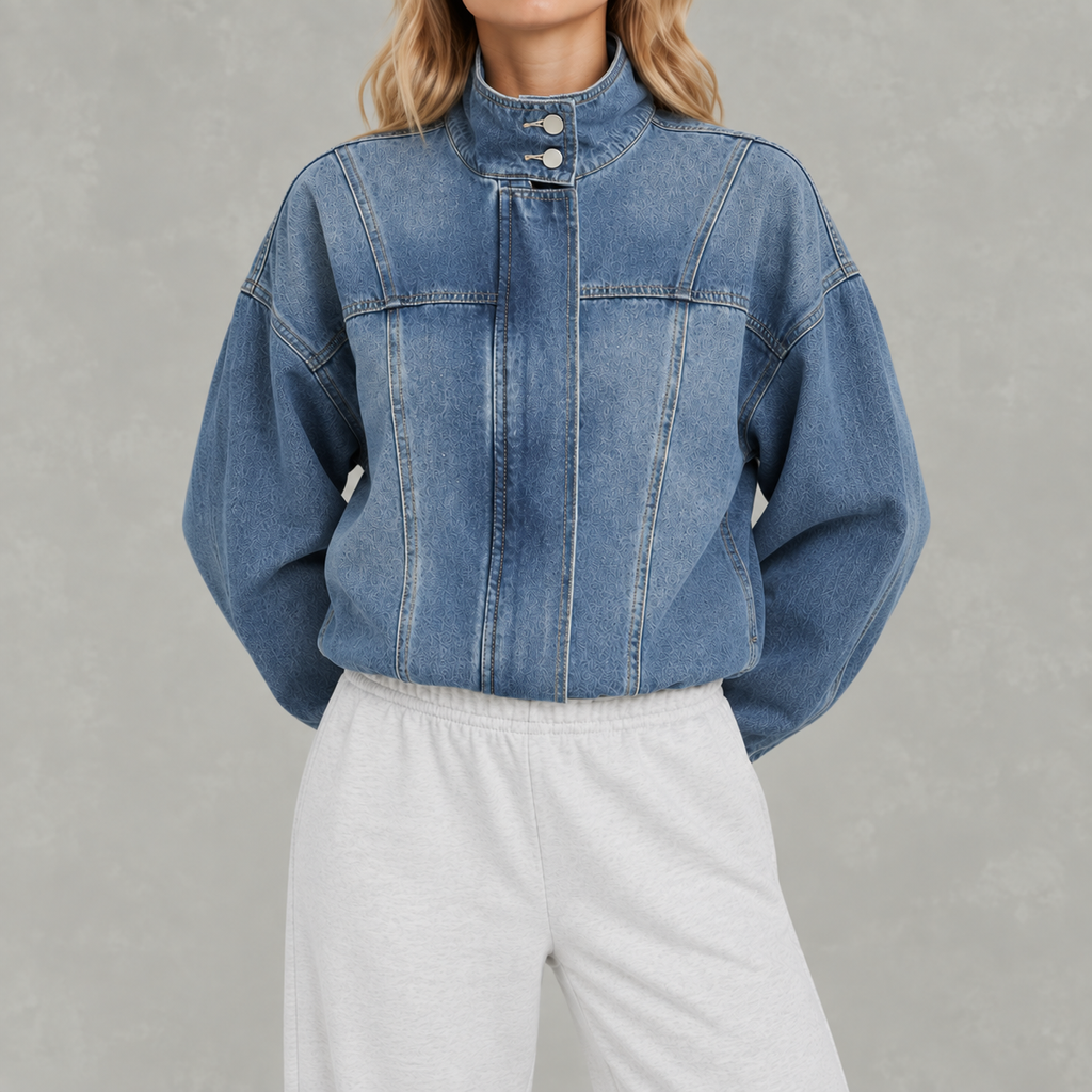 Women’s Denim Jacket – Loose Fit Washed Denim Stand Collar Jacket