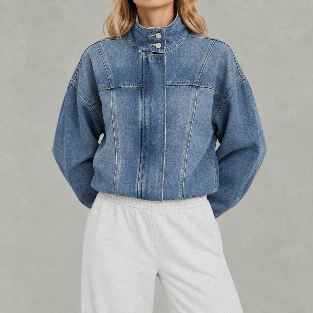 Women’s Denim Jacket – Loose Fit Washed Denim Stand Collar Jacket