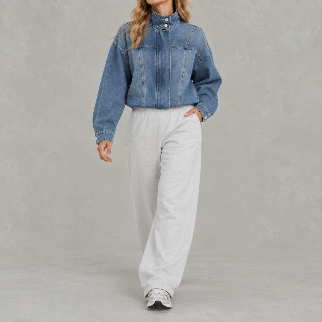 Women’s Denim Jacket – Loose Fit Washed Denim Stand Collar Jacket