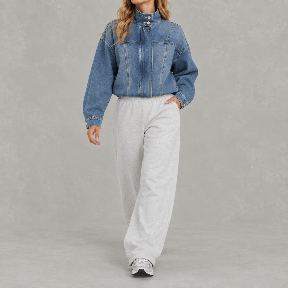 Women’s Denim Jacket – Loose Fit Washed Denim Stand Collar Jacket