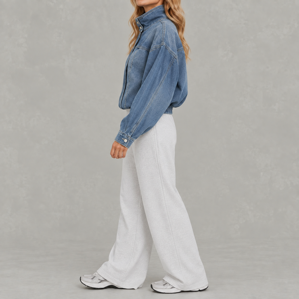 Women’s Denim Jacket – Loose Fit Washed Denim Stand Collar Jacket