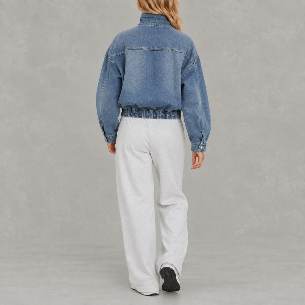 Women’s Denim Jacket – Loose Fit Washed Denim Stand Collar Jacket