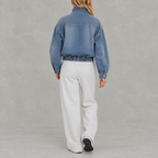 Women’s Denim Jacket – Loose Fit Washed Denim Stand Collar Jacket