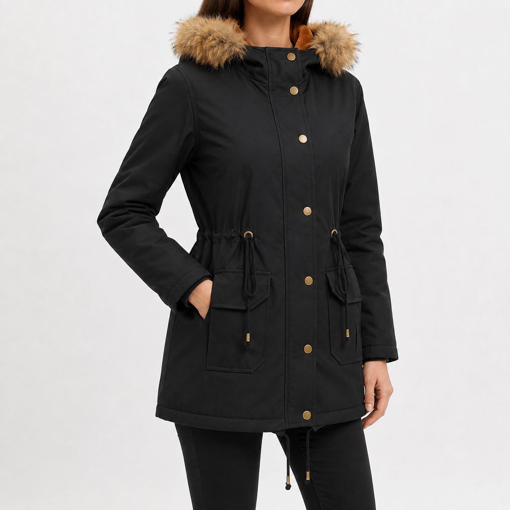 Women’s Padded Coat – Mid-Length Hooded Winter Coat with Faux Fur Trim and Defined Waist