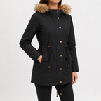 Women’s Padded Coat – Mid-Length Hooded Winter Coat with Faux Fur Trim and Defined Waist