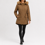 Women’s Padded Coat – Mid-Length Hooded Winter Coat with Faux Fur Trim and Defined Waist