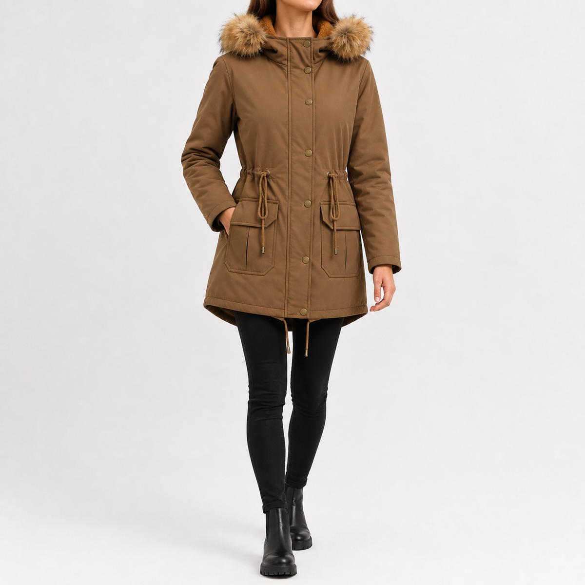 Women’s Padded Coat – Mid-Length Hooded Winter Coat with Faux Fur Trim and Defined Waist