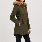 Women’s Padded Coat – Mid-Length Hooded Winter Coat with Faux Fur Trim and Defined Waist
