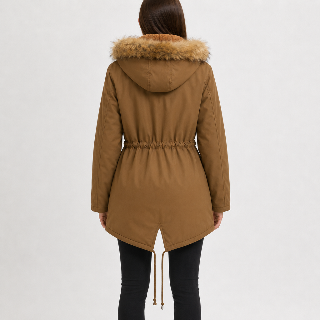 Women’s Padded Coat – Mid-Length Hooded Winter Coat with Faux Fur Trim and Defined Waist