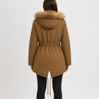 Women’s Padded Coat – Mid-Length Hooded Winter Coat with Faux Fur Trim and Defined Waist