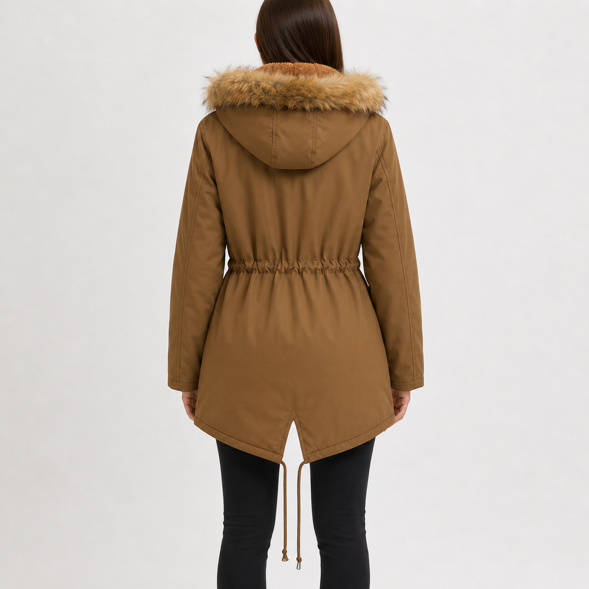 Women’s Padded Coat – Mid-Length Hooded Winter Coat with Faux Fur Trim and Defined Waist
