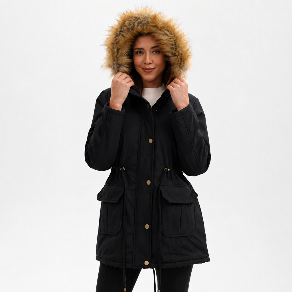 Women’s Padded Coat – Mid-Length Hooded Winter Coat with Faux Fur Trim and Defined Waist
