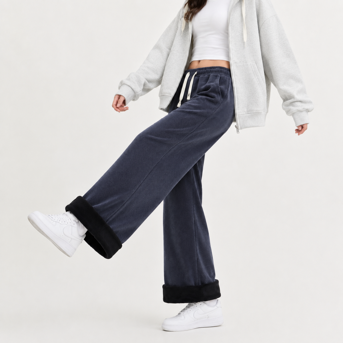 Women’s Corduroy Trousers – Fleece Lined Wide Leg Winter Trousers