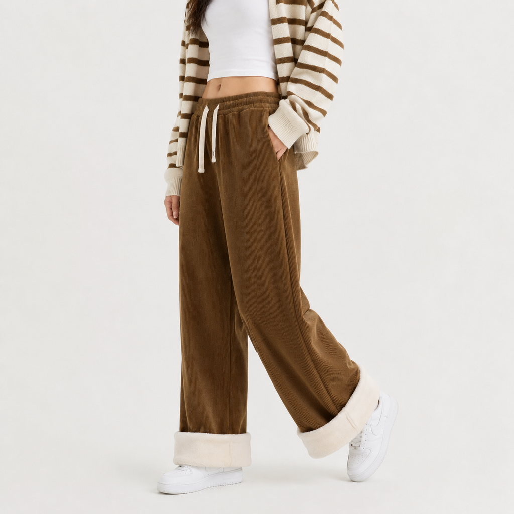 Women’s Corduroy Trousers – Fleece Lined Wide Leg Winter Trousers