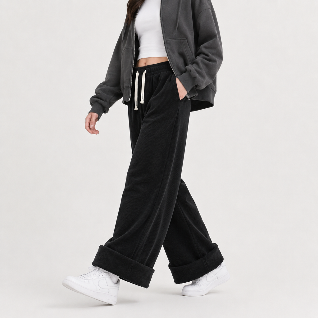 Women’s Corduroy Trousers – Fleece Lined Wide Leg Winter Trousers