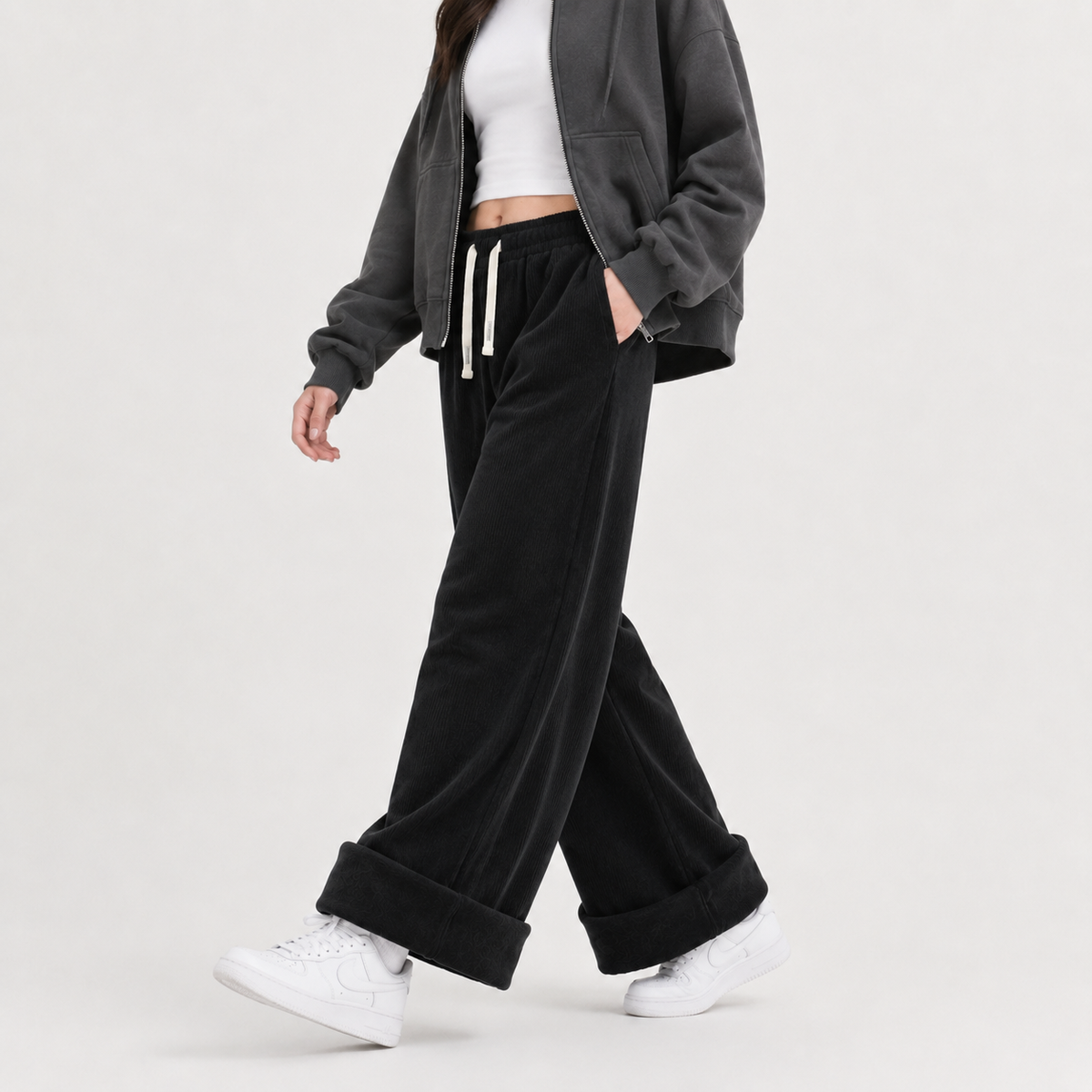Women’s Corduroy Trousers – Fleece Lined Wide Leg Winter Trousers